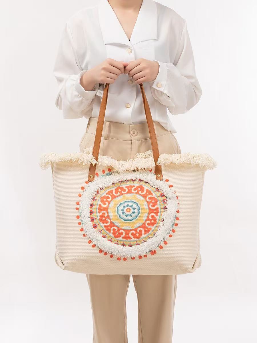 Women'S Raffia Bags - Raffia Tote Bag with Colorful Mandala